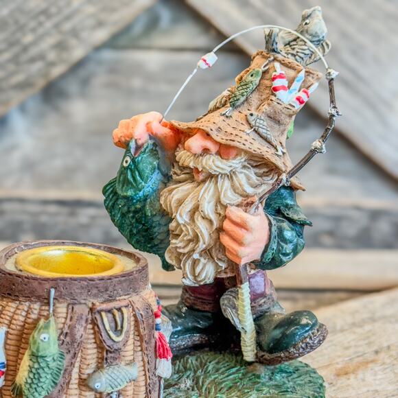 Vintage Hillbilly Gnome Gone Fishing, Resin Candlestick Holder, 4.5”H x 4.25”W - Picture 8 of 9